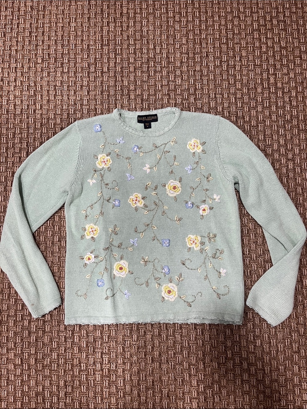 SALON STUDIO by Haband Sage Green Floral Embroidered Crewneck Sweater